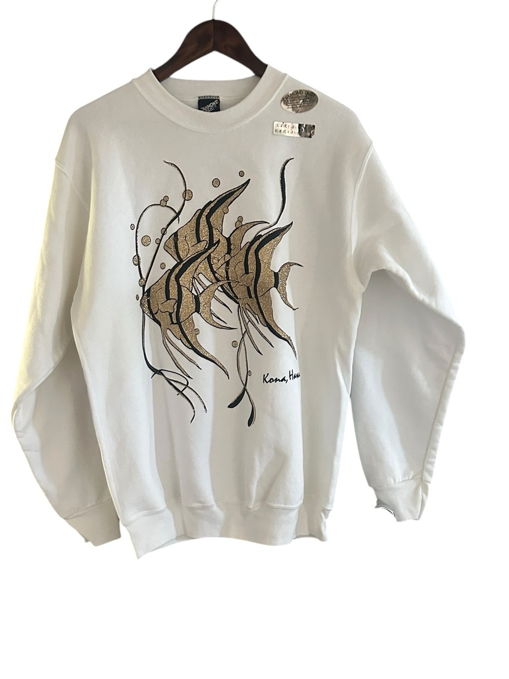 Vtg 80s Kona Hawaii Sweatshirt NWT L Diamond Dust Glitter Angelfish White